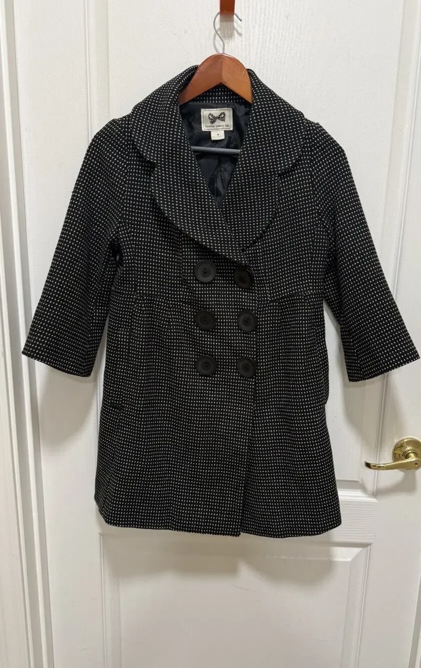 Forever 21 Peacoat Womens Small Black White Micro Houndstooth Wool Blend Coat